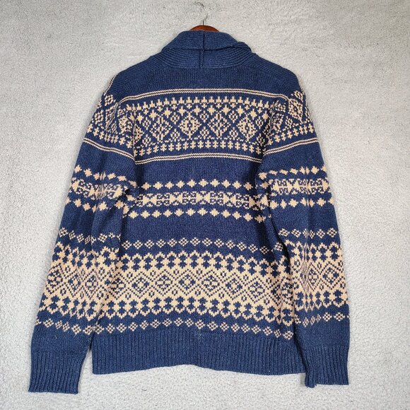 J.Crew Cardigan Sweater Mens Large Navy Beaige Fair Isle Wool Blend Button Front - Picture 2 of 11